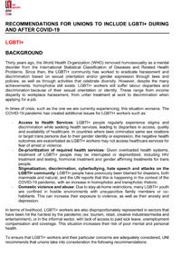 Recommendations for unions to include LGBTI+ concerns during and after the pandemic of COVID-19